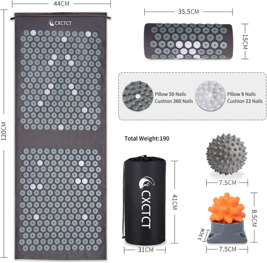 Extra Long Yoga Acupressure Mat Set,Massage Acupuncture Mat Large,Magnetic Mat Acupressure Body Mat and Pillow for Neck Back Pain Relief(Grey)