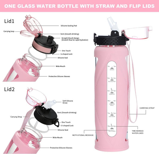 Glass Water Bottles with Straw and Flip Lid, Motivational Water Bottles with Time Marker Reminder and Silicone Sleeve, Leakproof, BPA Free (32 Oz, Pink)