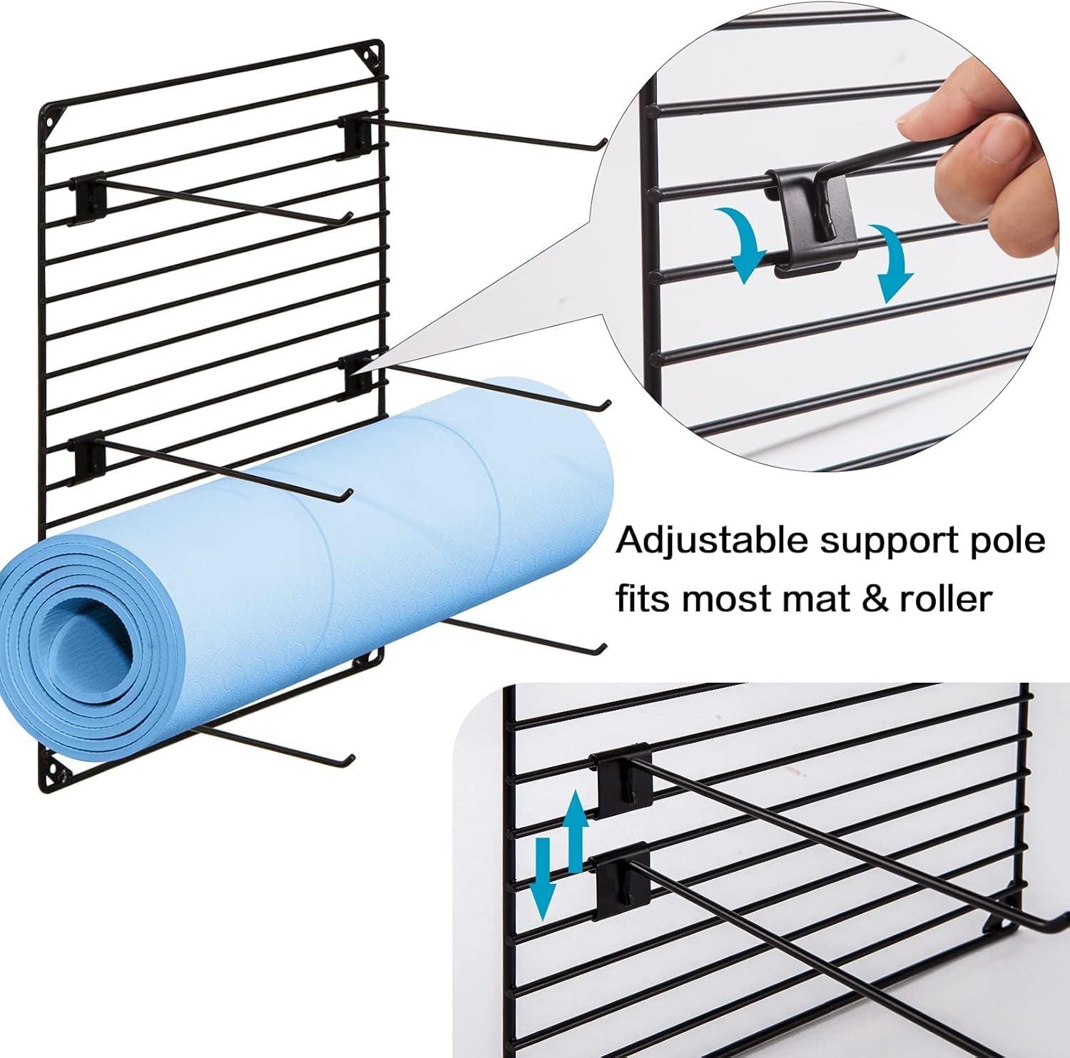 Yoga Mat Rack Wall Mount Foam Roller Storage Gym Organizer Yoga Mats Holder Yoga Mat Organizers and Storage Metal Grid Hooks Adjustable