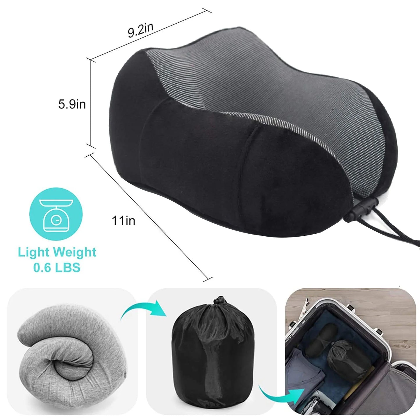 3 Piece Travel Memory Foam Neck Pillow with Storage Bag Eyemask and Earplugs, for Airplane Sleeping, Black