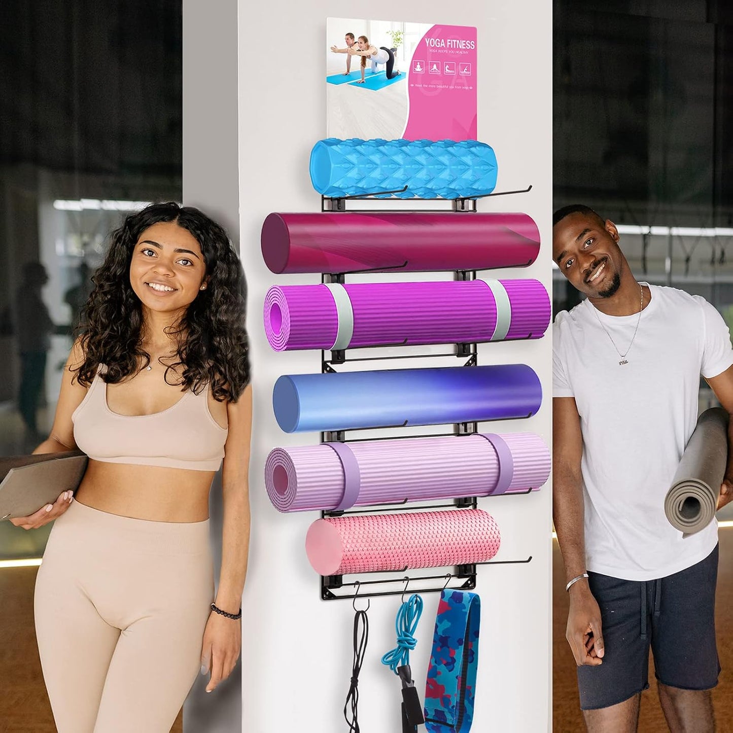 Yoga Mat Rack Wall Mount Foam Roller Storage Gym Organizer Yoga Mats Holder Yoga Mat Organizers and Storage Metal Grid Hooks Adjustable