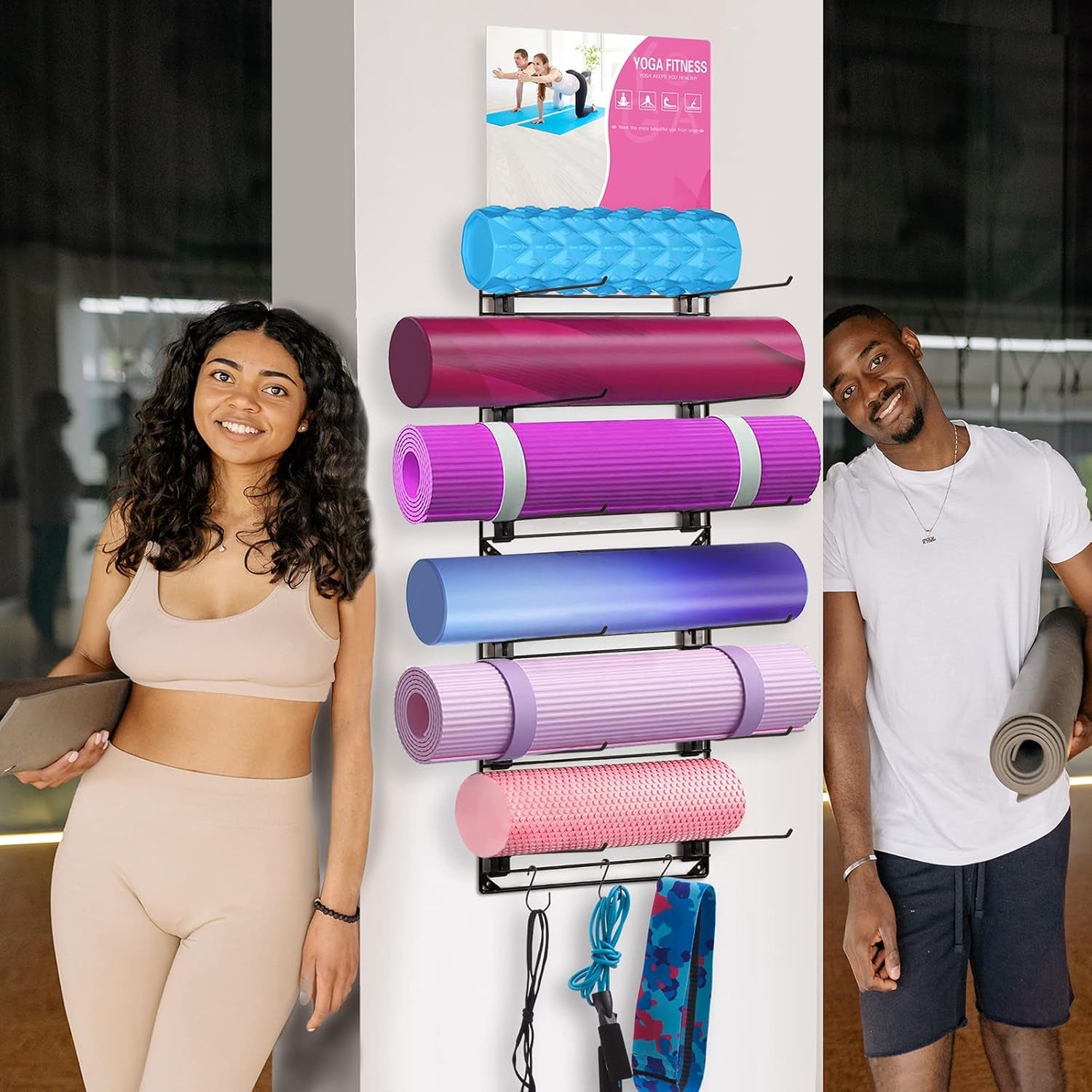 Yoga Mat Rack Wall Mount Foam Roller Storage Gym Organizer Yoga Mats Holder Yoga Mat Organizers and Storage Metal Grid Hooks Adjustable