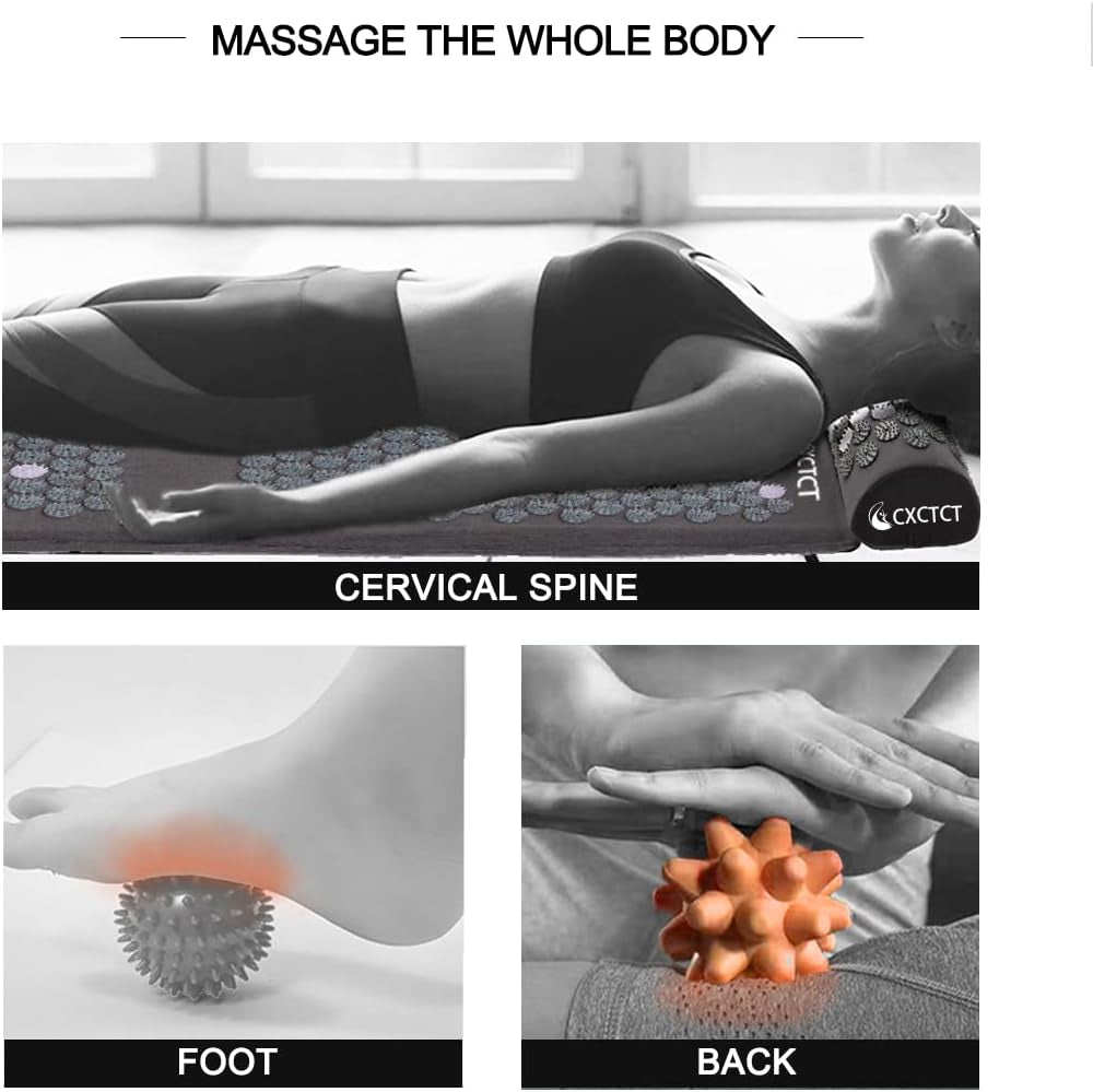 Extra Long Yoga Acupressure Mat Set,Massage Acupuncture Mat Large,Magnetic Mat Acupressure Body Mat and Pillow for Neck Back Pain Relief(Grey)