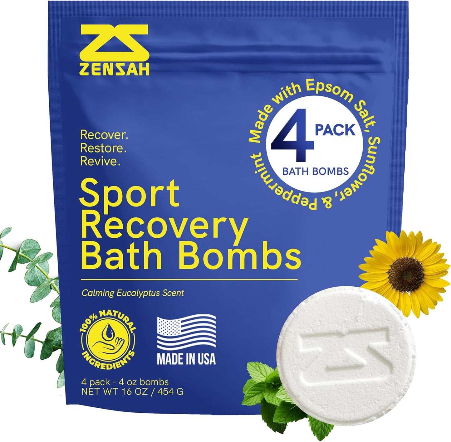 Sport Recovery Bath Bombs - Magnesium Epsom Salt for Soaking Sore Muscles, Christmas Stocking Stuffers, Made in USA with Essential Oils, Peppermint and Eucalyptus Relaxation for Athletes