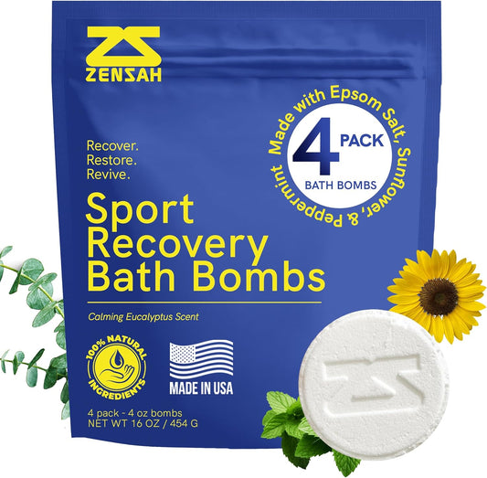 Sport Recovery Bath Bombs - Magnesium Epsom Salt for Soaking Sore Muscles, Christmas Stocking Stuffers, Made in USA with Essential Oils, Peppermint and Eucalyptus Relaxation for Athletes