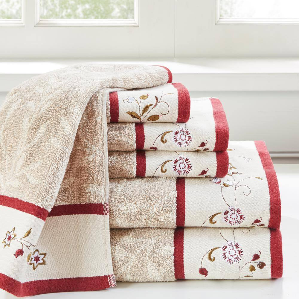 Belle 6-Piece Red Embroidered Jacquard Cotton Bath Towel Set