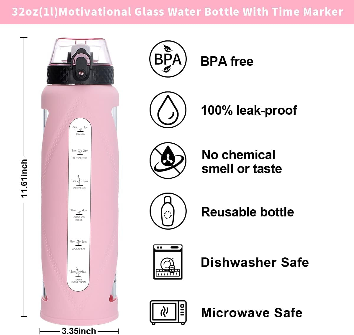 Glass Water Bottles with Straw and Flip Lid, Motivational Water Bottles with Time Marker Reminder and Silicone Sleeve, Leakproof, BPA Free (32 Oz, Pink)
