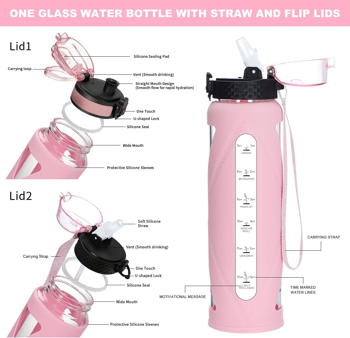 Glass Water Bottles with Straw and Flip Lid, Motivational Water Bottles with Time Marker Reminder and Silicone Sleeve, Leakproof, BPA Free (32 Oz, Pink)