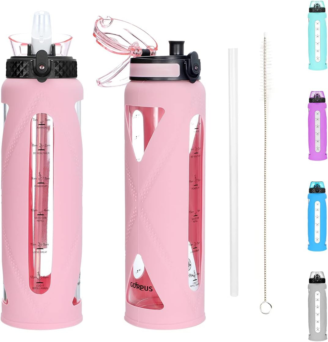Glass Water Bottles with Straw and Flip Lid, Motivational Water Bottles with Time Marker Reminder and Silicone Sleeve, Leakproof, BPA Free (32 Oz, Pink)