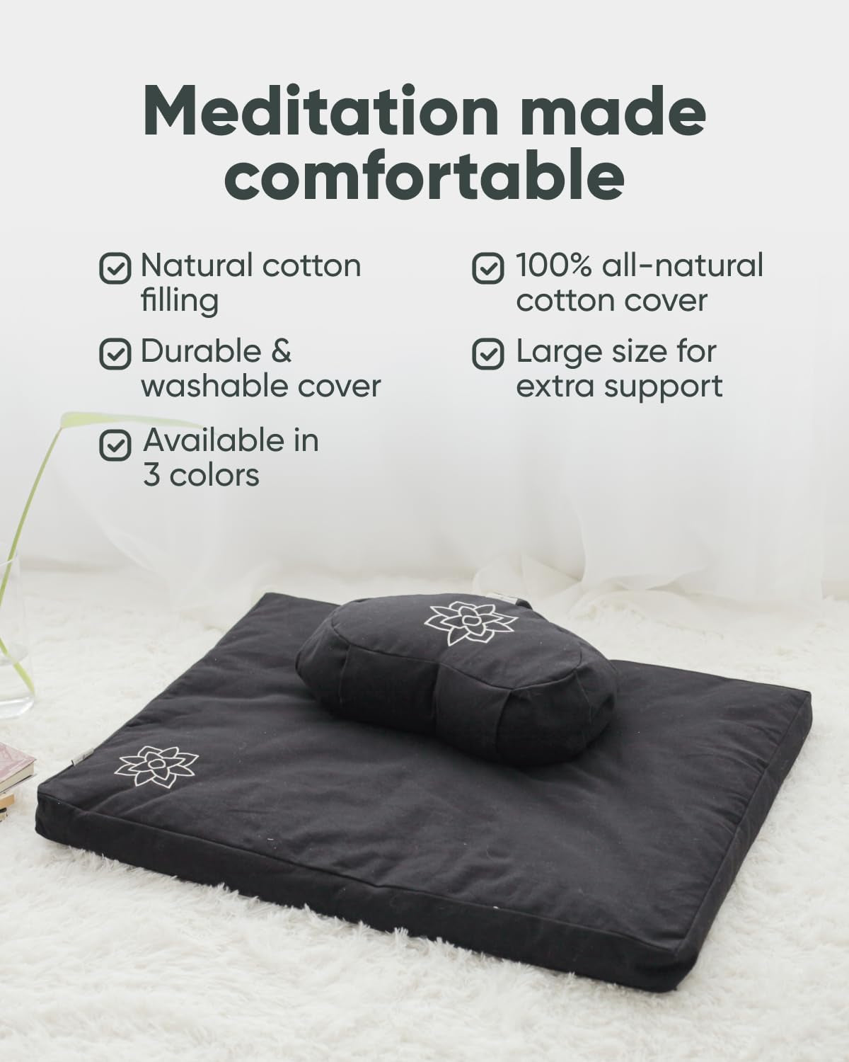 Mindful & Modern Large Meditation Cushion | Zafu Yoga Bolster Meditation Floor Pillow Seat | Buckwheat Hull Filled Crescent Shaped Cushion with Removable Washable Cover + Carry Handle (Minimal Black)