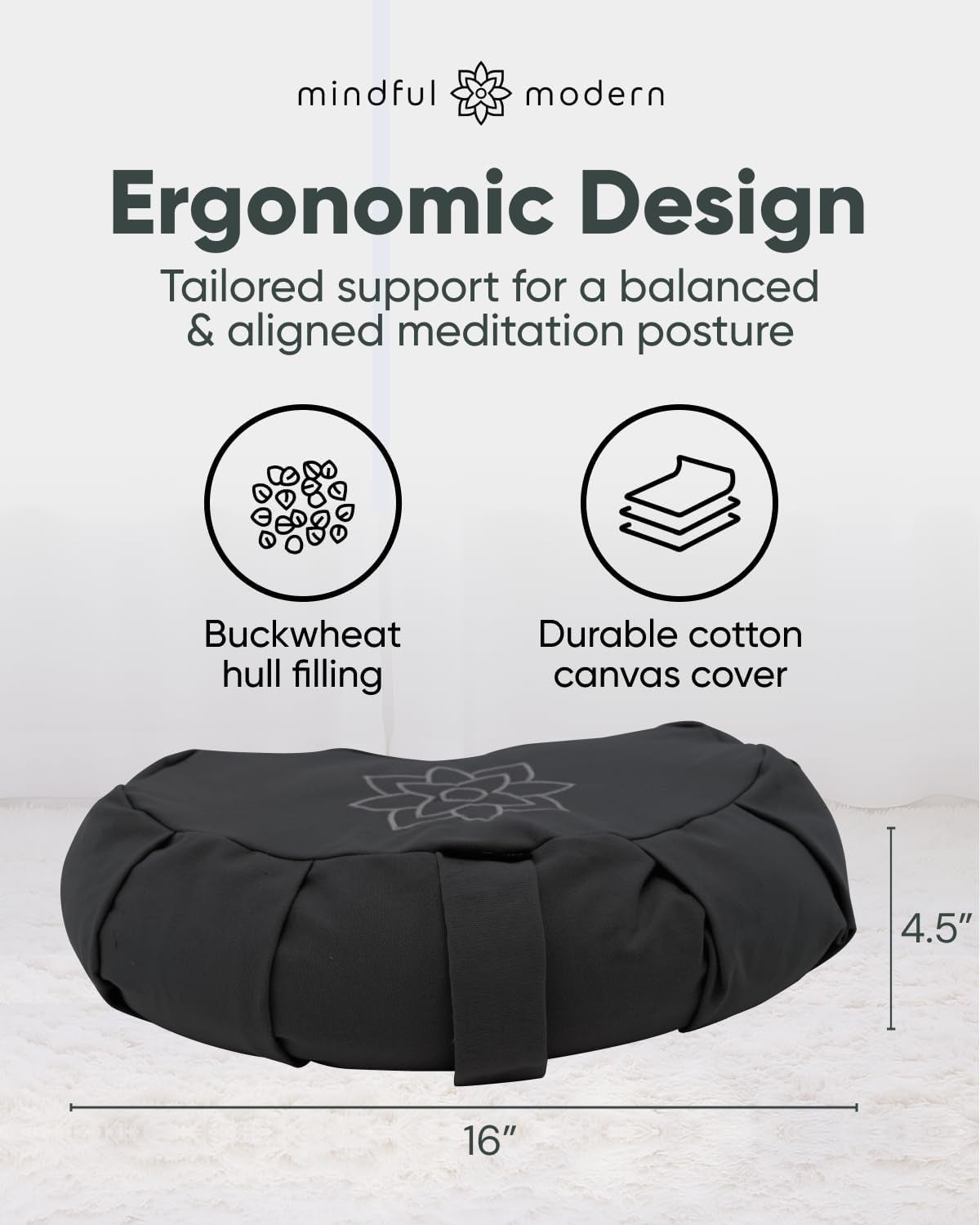 Mindful & Modern Large Meditation Cushion | Zafu Yoga Bolster Meditation Floor Pillow Seat | Buckwheat Hull Filled Crescent Shaped Cushion with Removable Washable Cover + Carry Handle (Minimal Black)