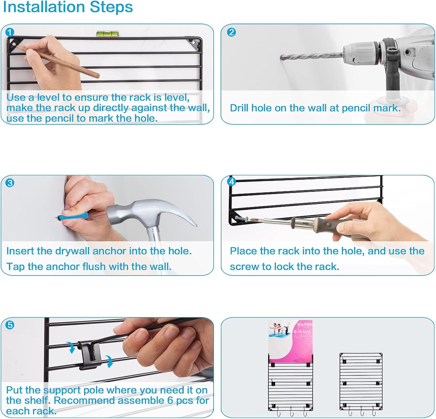 Yoga Mat Rack Wall Mount Foam Roller Storage Gym Organizer Yoga Mats Holder Yoga Mat Organizers and Storage Metal Grid Hooks Adjustable