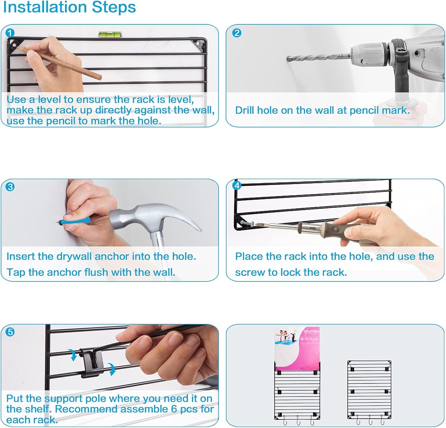 Yoga Mat Rack Wall Mount Foam Roller Storage Gym Organizer Yoga Mats Holder Yoga Mat Organizers and Storage Metal Grid Hooks Adjustable