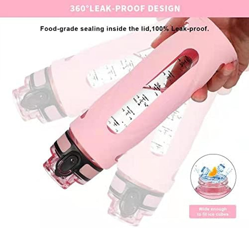 Glass Water Bottles with Straw and Flip Lid, Motivational Water Bottles with Time Marker Reminder and Silicone Sleeve, Leakproof, BPA Free (32 Oz, Pink)