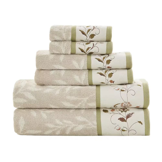 Belle 6-Piece Green Embroidered Jacquard Cotton Bath Towel Set