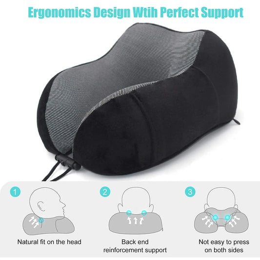 3 Piece Travel Memory Foam Neck Pillow with Storage Bag Eyemask and Earplugs, for Airplane Sleeping, Black
