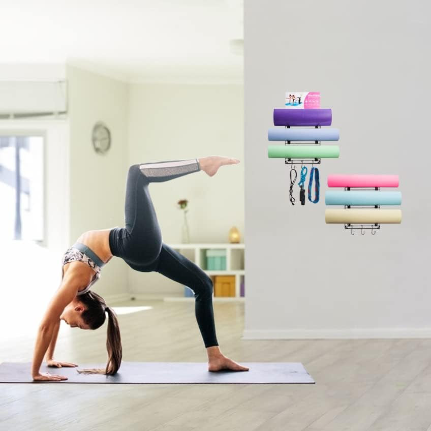 Yoga Mat Rack Wall Mount Foam Roller Storage Gym Organizer Yoga Mats Holder Yoga Mat Organizers and Storage Metal Grid Hooks Adjustable