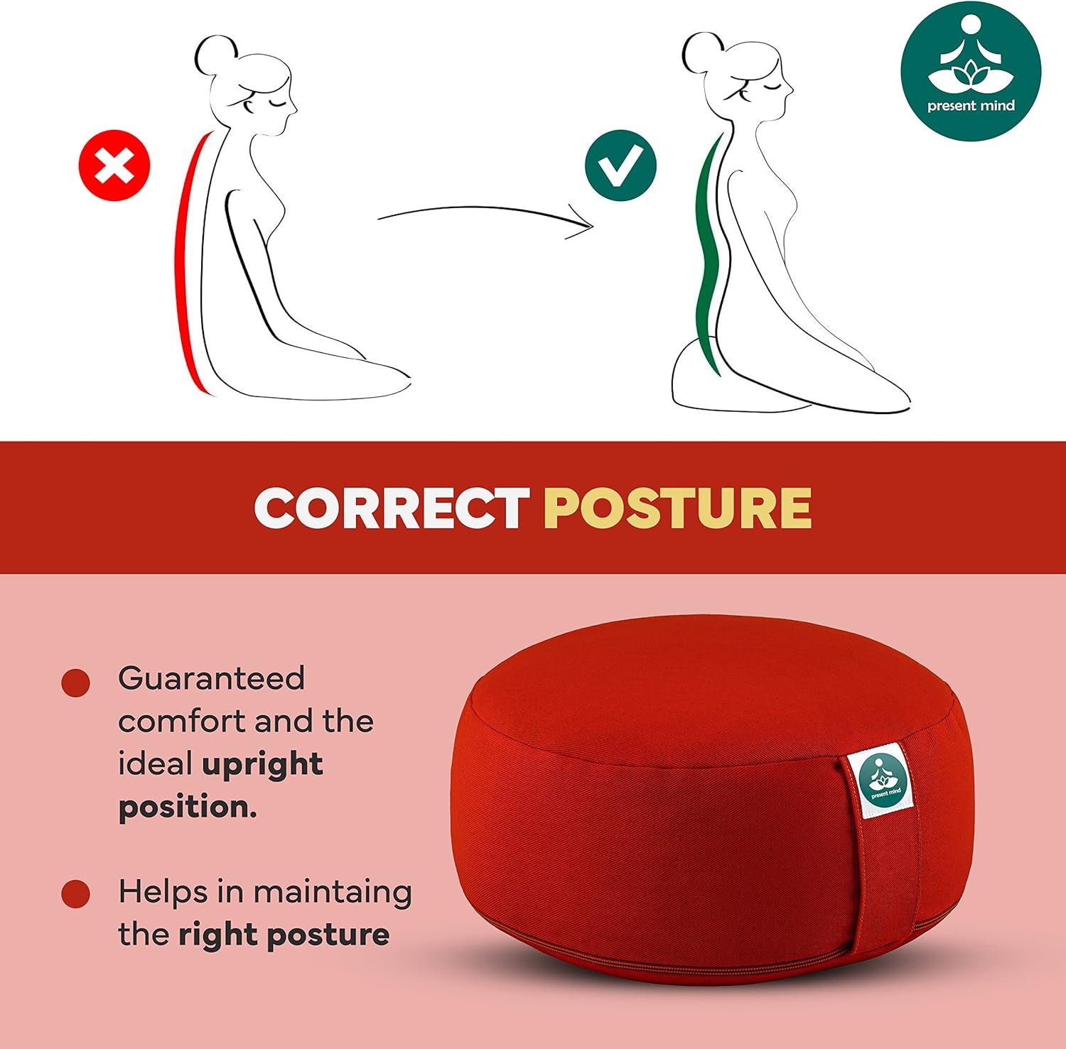 (Height 6.5") round Zafu Yoga Bolster for Gymnastics & Meditation Made in the EU - Fire Red 100% Natural Cotton Yoga Meditation Buckwheat Cushion with Washable Covers