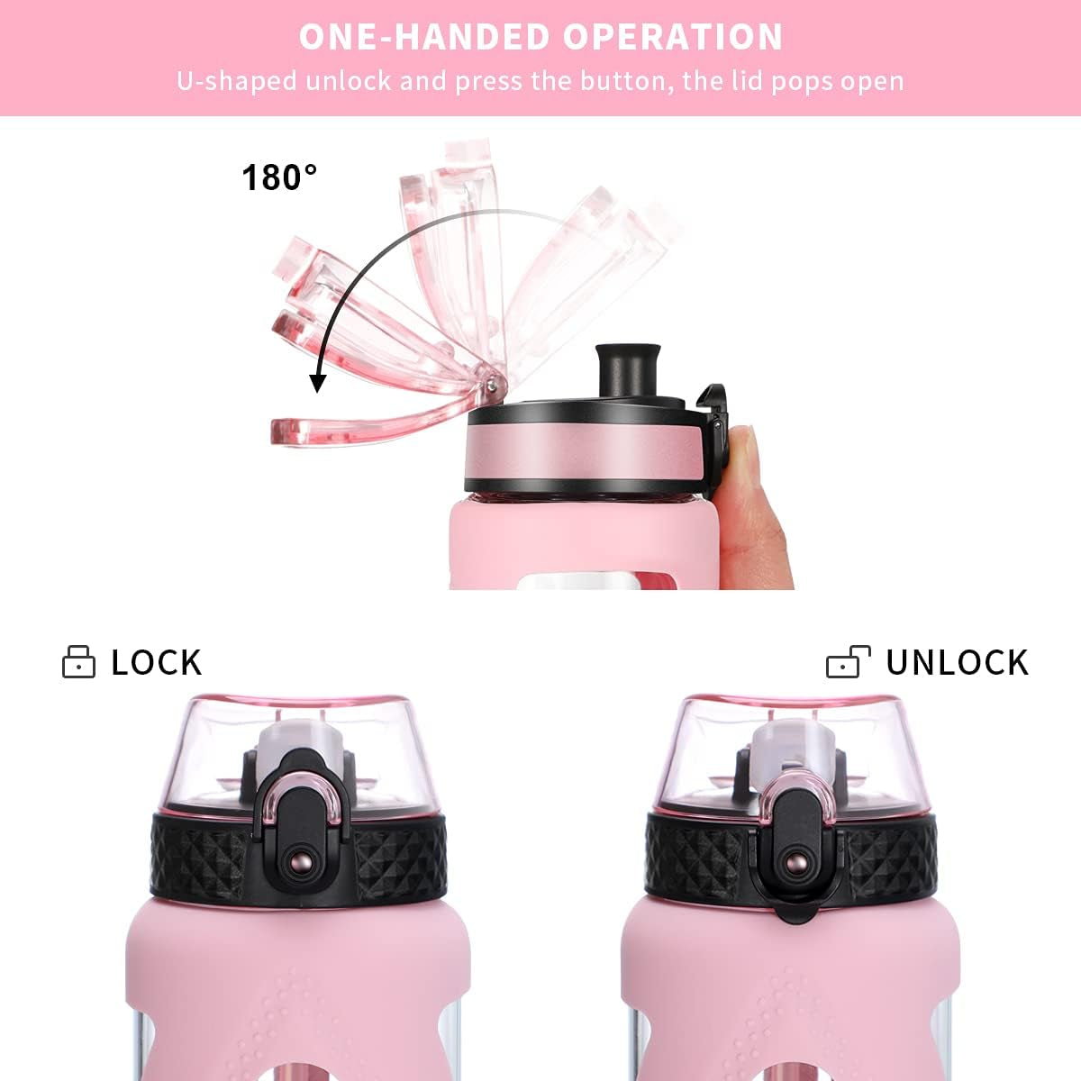 Glass Water Bottles with Straw and Flip Lid, Motivational Water Bottles with Time Marker Reminder and Silicone Sleeve, Leakproof, BPA Free (32 Oz, Pink)