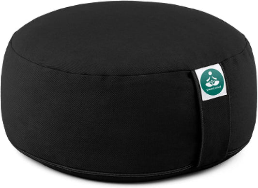 (Height 6.5") round Zafu Yoga Bolster for Gymnastics & Meditation Made in the EU - Deep Black 100% Natural Cotton Yoga Meditation Buckwheat Cushion with Washable Covers