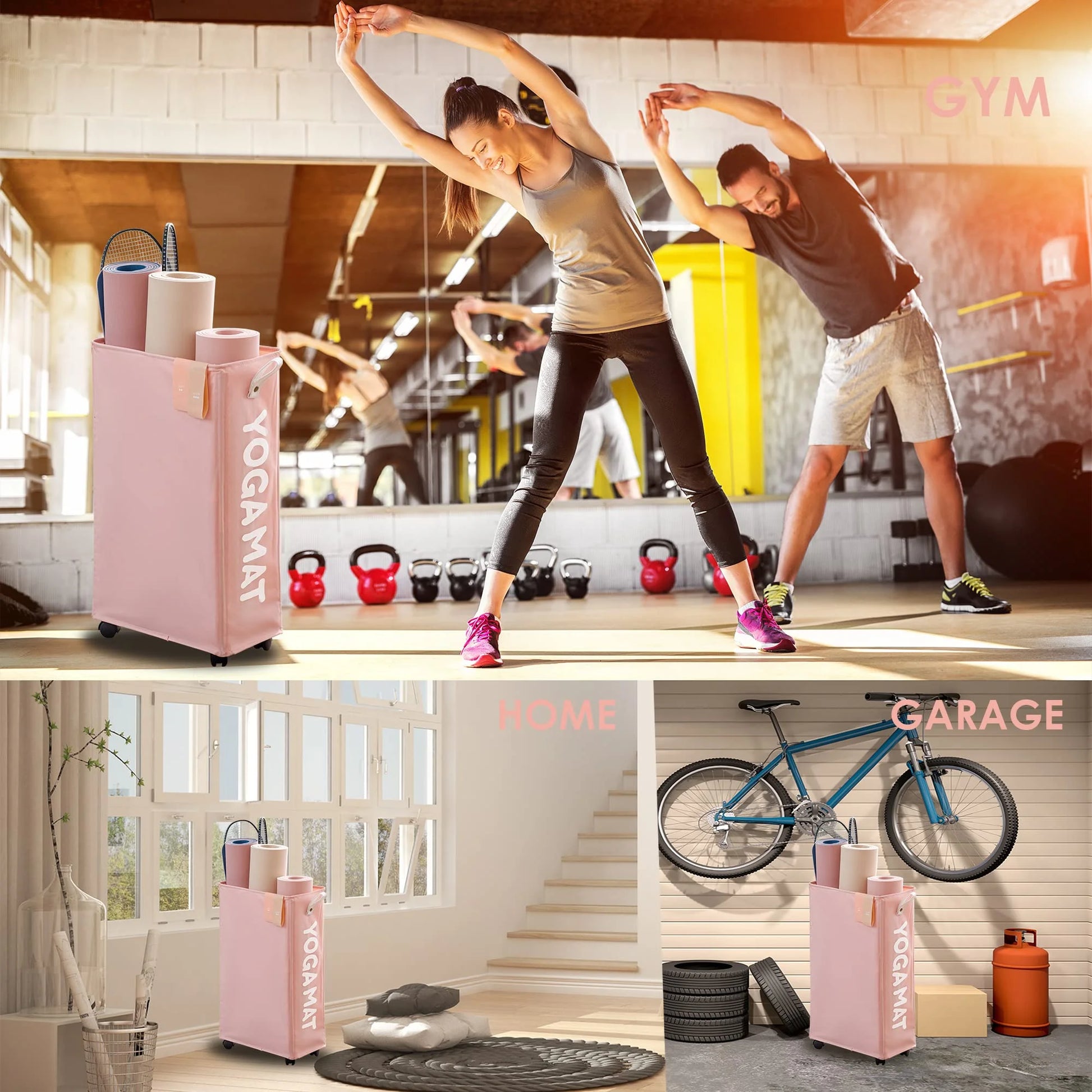 Yoga Mat Storage Rack, 22’’ Large Yoga Mat Holder Accessories, Home Gym Equipment Storage Yoga Mats, Workout Equipment Organization with Wheels, Pink