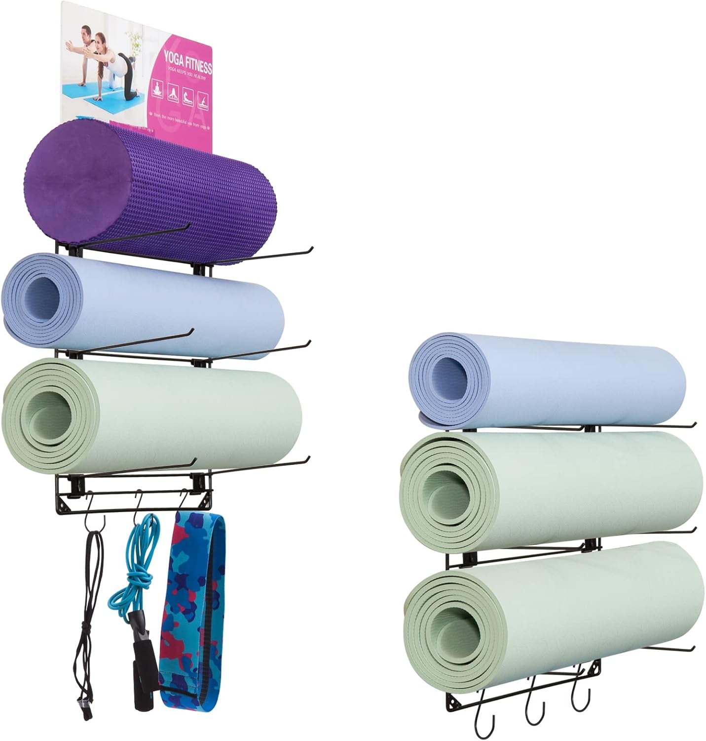 Yoga Mat Rack Wall Mount Foam Roller Storage Gym Organizer Yoga Mats Holder Yoga Mat Organizers and Storage Metal Grid Hooks Adjustable