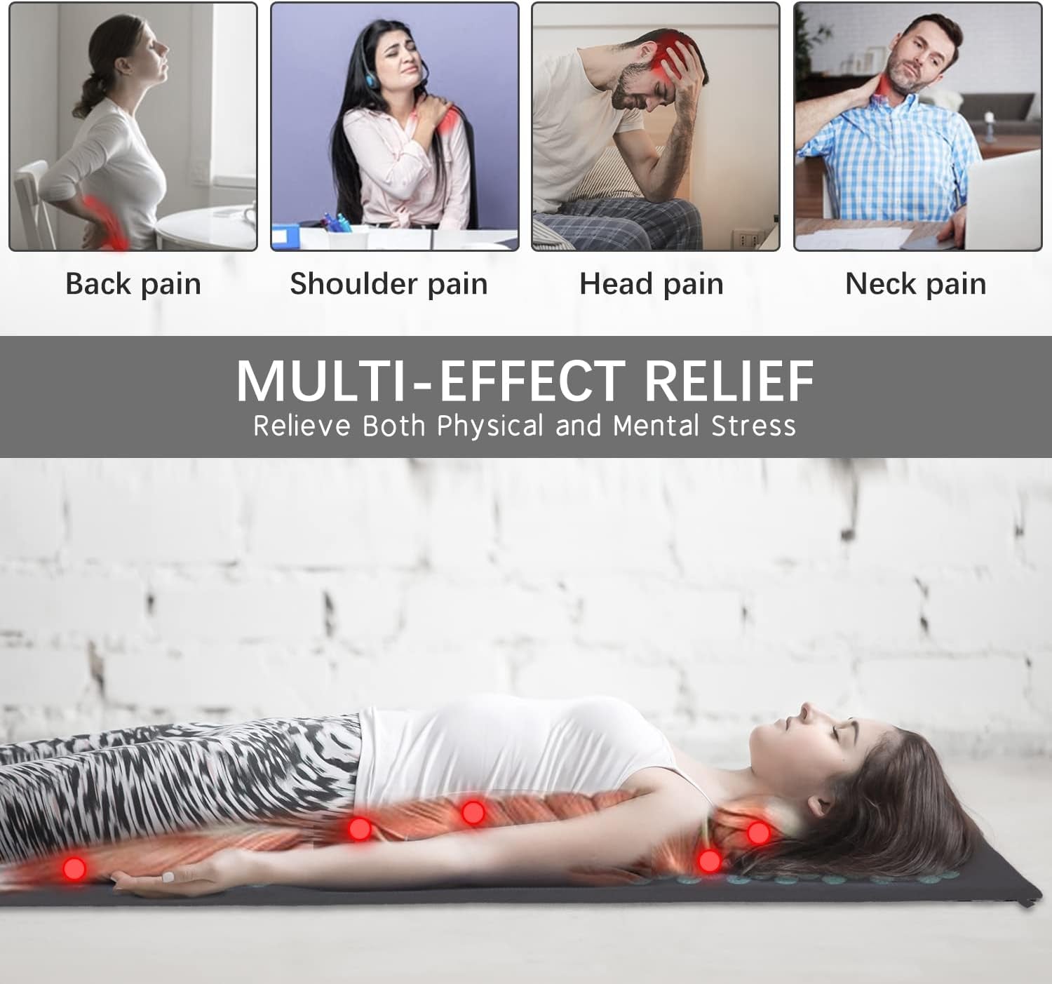 Extra Long Yoga Acupressure Mat Set,Massage Acupuncture Mat Large,Magnetic Mat Acupressure Body Mat and Pillow for Neck Back Pain Relief(Grey)