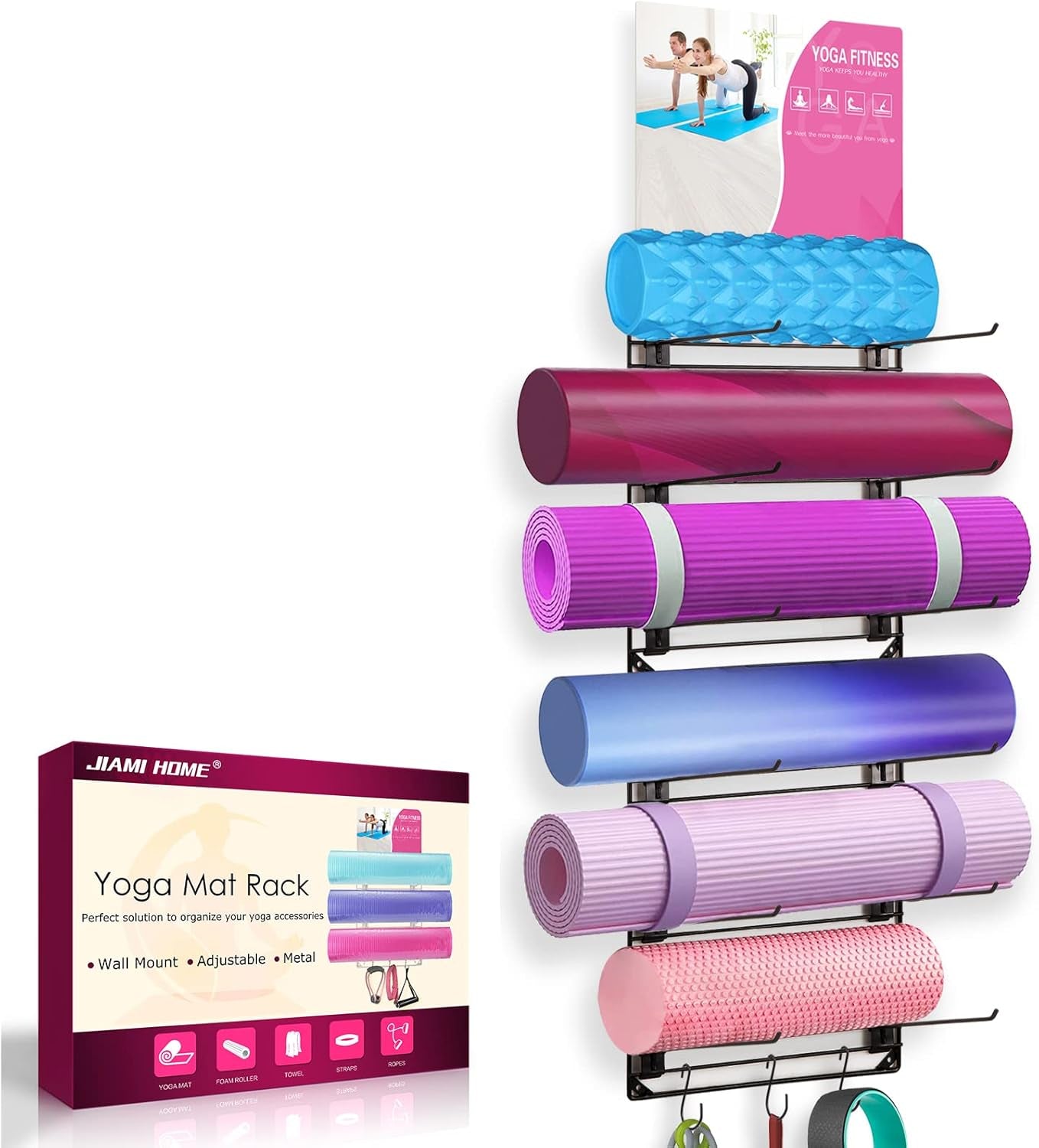 Yoga Mat Rack Wall Mount Foam Roller Storage Gym Organizer Yoga Mats Holder Yoga Mat Organizers and Storage Metal Grid Hooks Adjustable