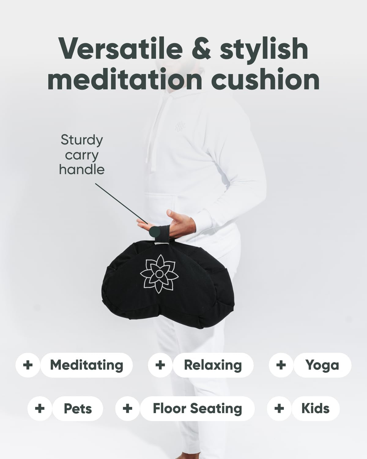 Mindful & Modern Large Meditation Cushion | Zafu Yoga Bolster Meditation Floor Pillow Seat | Buckwheat Hull Filled Crescent Shaped Cushion with Removable Washable Cover + Carry Handle (Minimal Black)