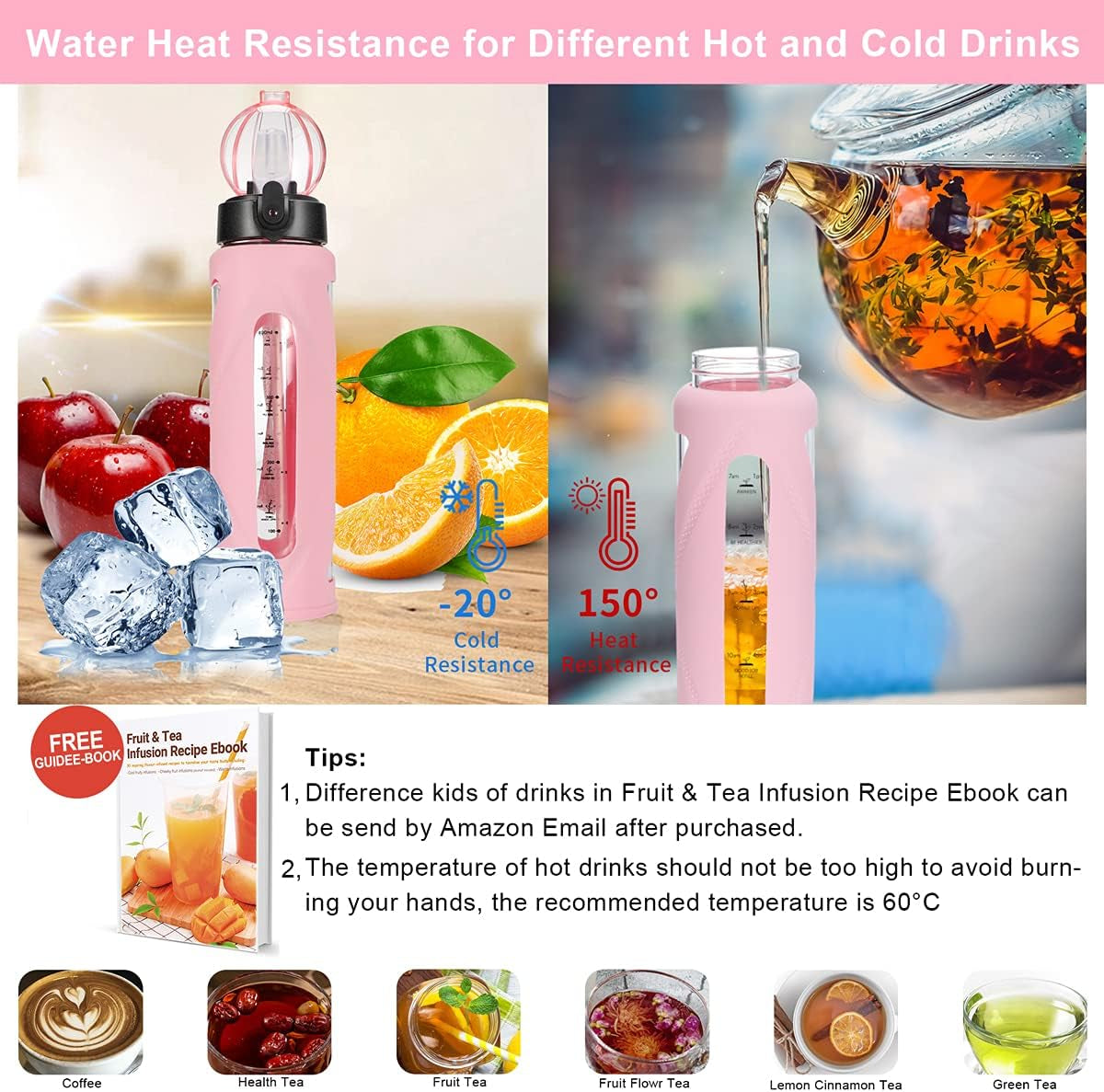 Glass Water Bottles with Straw and Flip Lid, Motivational Water Bottles with Time Marker Reminder and Silicone Sleeve, Leakproof, BPA Free (32 Oz, Pink)