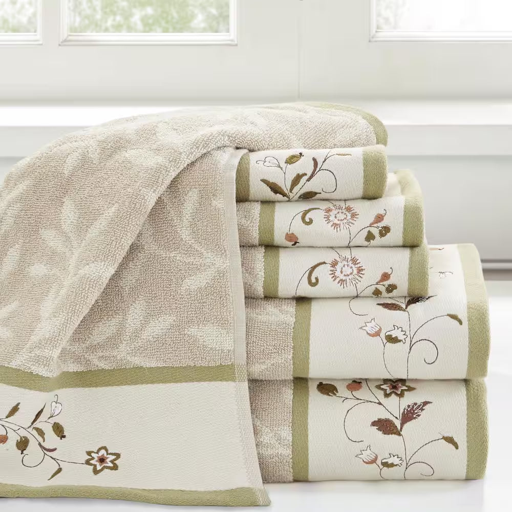 Belle 6-Piece Green Embroidered Jacquard Cotton Bath Towel Set
