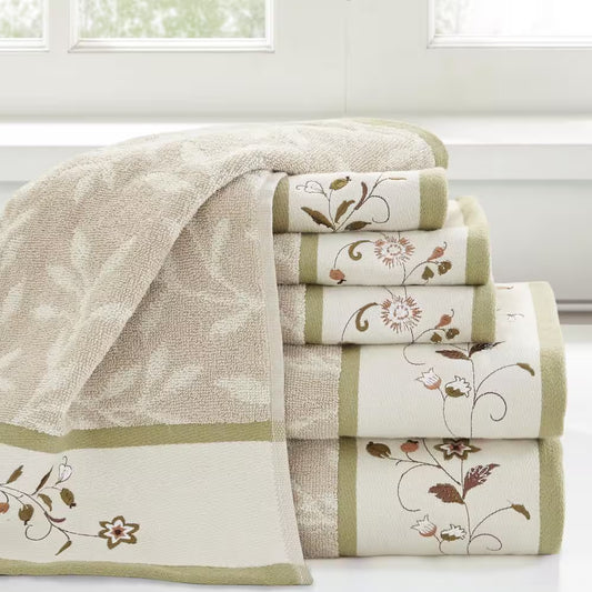 Belle 6-Piece Green Embroidered Jacquard Cotton Bath Towel Set