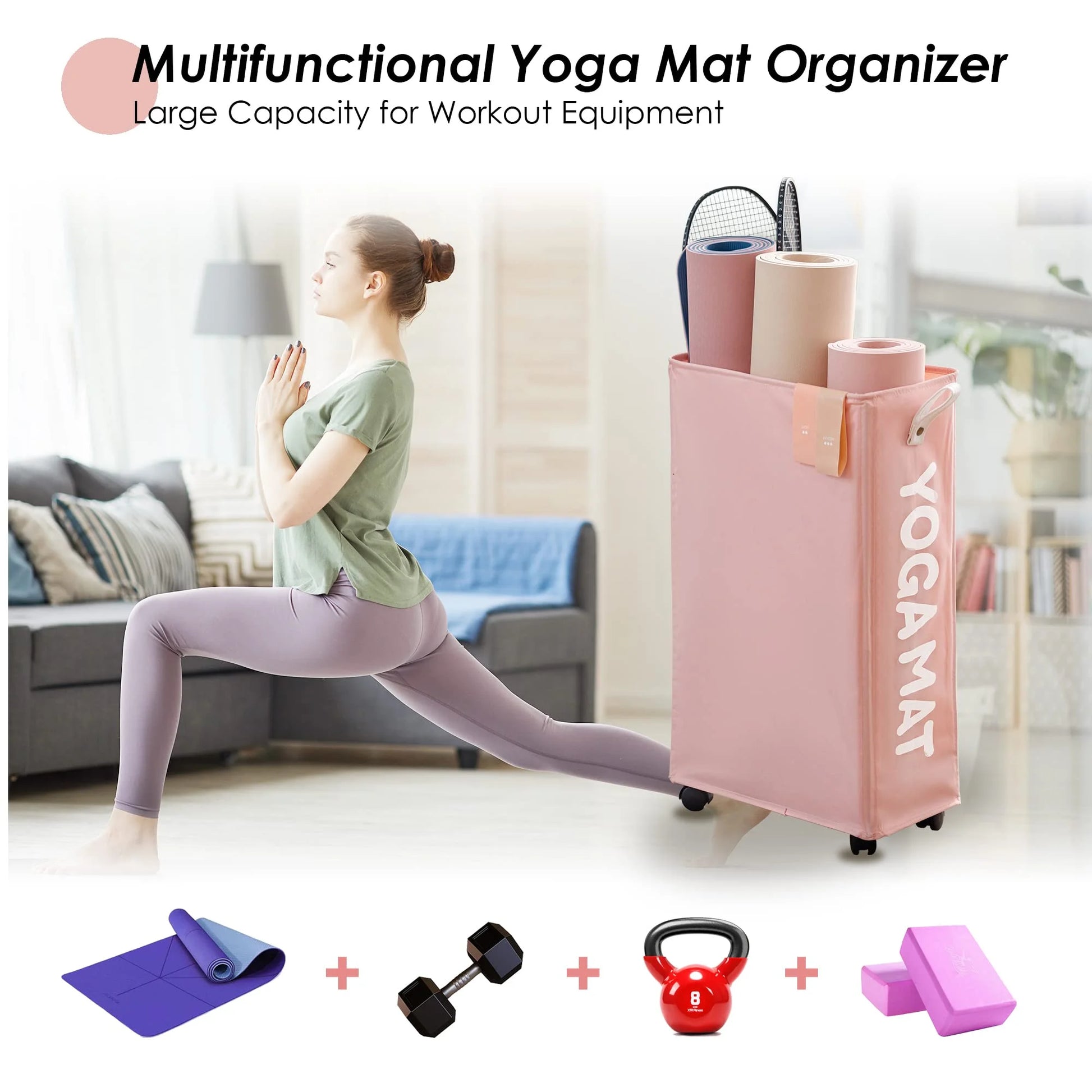 Yoga Mat Storage Rack, 22’’ Large Yoga Mat Holder Accessories, Home Gym Equipment Storage Yoga Mats, Workout Equipment Organization with Wheels, Pink