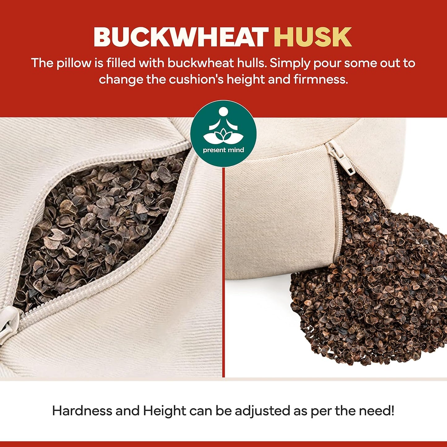 (Height 6.5") round Zafu Yoga Bolster for Gymnastics & Meditation Made in the EU - Fire Red 100% Natural Cotton Yoga Meditation Buckwheat Cushion with Washable Covers