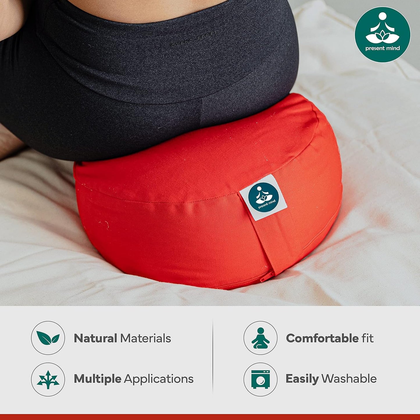 (Height 6.5") round Zafu Yoga Bolster for Gymnastics & Meditation Made in the EU - Fire Red 100% Natural Cotton Yoga Meditation Buckwheat Cushion with Washable Covers
