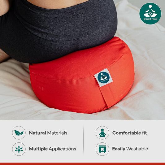 (Height 6.5") round Zafu Yoga Bolster for Gymnastics & Meditation Made in the EU - Fire Red 100% Natural Cotton Yoga Meditation Buckwheat Cushion with Washable Covers