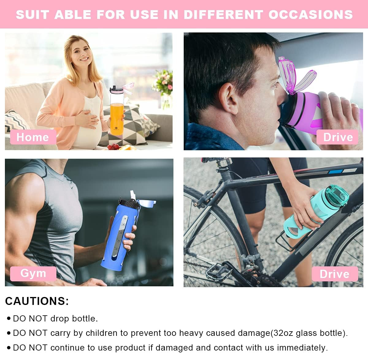 Glass Water Bottles with Straw and Flip Lid, Motivational Water Bottles with Time Marker Reminder and Silicone Sleeve, Leakproof, BPA Free (32 Oz, Pink)