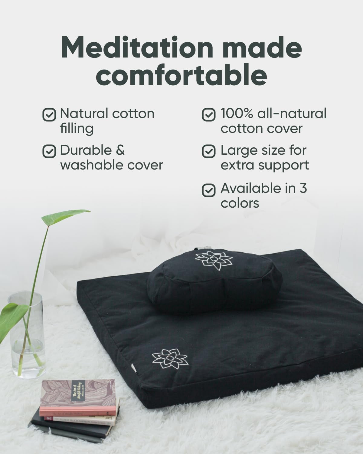 Mindful & Modern Zabuton Meditation Mat - Cotton Filled Yoga and Meditation Pad - Zabuton Meditation Cushion for Kneeling and Sitting Support - Large Rectangular Sitting Floor Pillow for Bench or Zafu